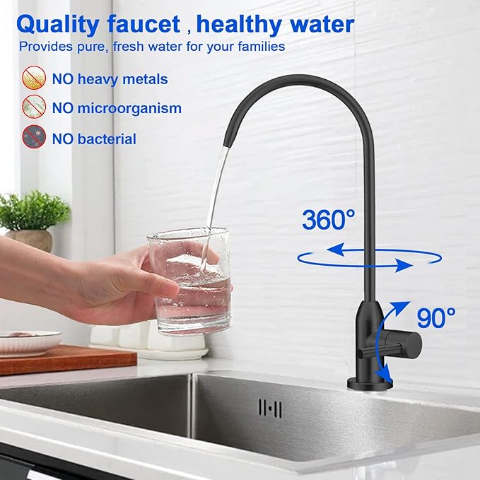 Drinking Water Faucet - Long Thread Stem Filtered Water Tap for Thick Countertop,Lead-Free RO Faucet with Hose and Push Connect Fittings(Matte Black)
