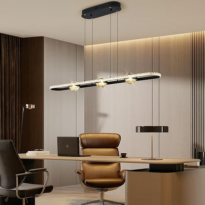 ORANOOR Modern LED Pendant Lights, Dimmable 39in Crystal Globe LED Rectangle Chandelier Lighting, Linear Black Dining Room Hanging Light Fixtures Kitchen Island Pendant Light Over Dining Table, 40W
