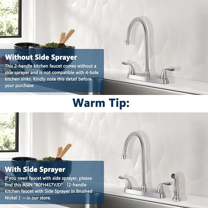 Brushed Nickel Kitchen Sink Faucet, 2 Handle 3 Hole Kitchen Faucet Without Sprayer, High Arc Swivel Spout Stainless Steel Sink Faucet for Rv Camper