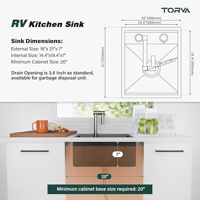 TORVA RV Kitchen Sink, 16 x 21 x 7 Inch Undermount Bar Sink 16 Gauge Stainless Steel Single Bowl Sink with Foldable Faucet Cutting Board, Grey