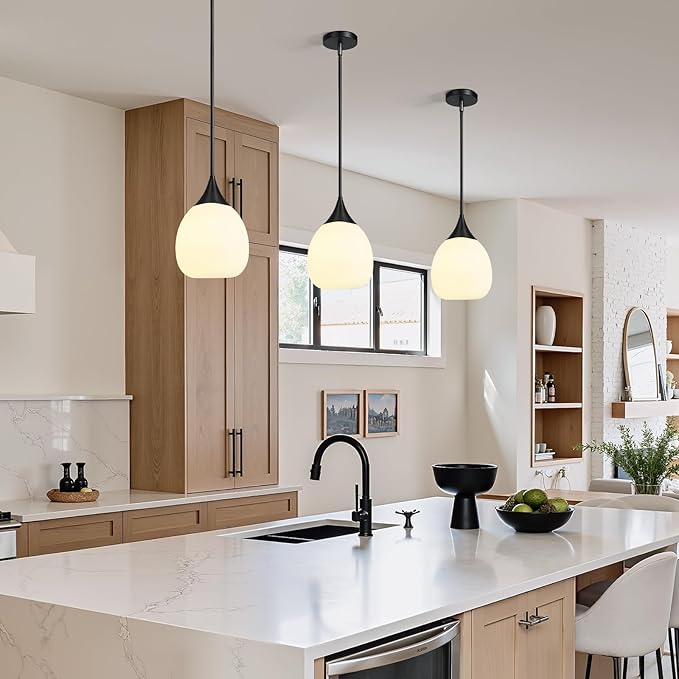 Kitchen Island Pendant Light: Mid Century Matte Black Hanging Light Fixtures with Frosted Glass Globe - 10 Inch Farmhouse Chandeliers Ceiling Lighting for Dining Room