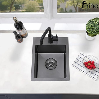 Friho Drop-in Black Bar Sink, 15"x 17" Inch Small Kitchen Sink, Stainless Steel Handmade Single Bowl Topmount RV Kitchen Sinks With Dish Grid & Basket Strainer
