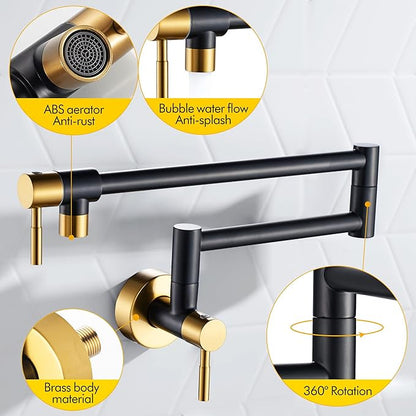 Fransiton Black & Gold Pot Filler, Pot Filler Faucet Wall Mount, Brass Folding Stretchable with Double Joint Swing Arm Single Hole Two Handles Kitchen Restaurant