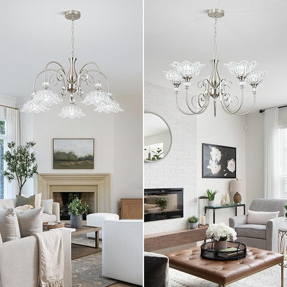 5-Light Chandeliers in Brushed Nickel Finish with Crystal Glass Shades, Brushed Nickel Chandelier Light for Dining Room,Hallway,Kitchen