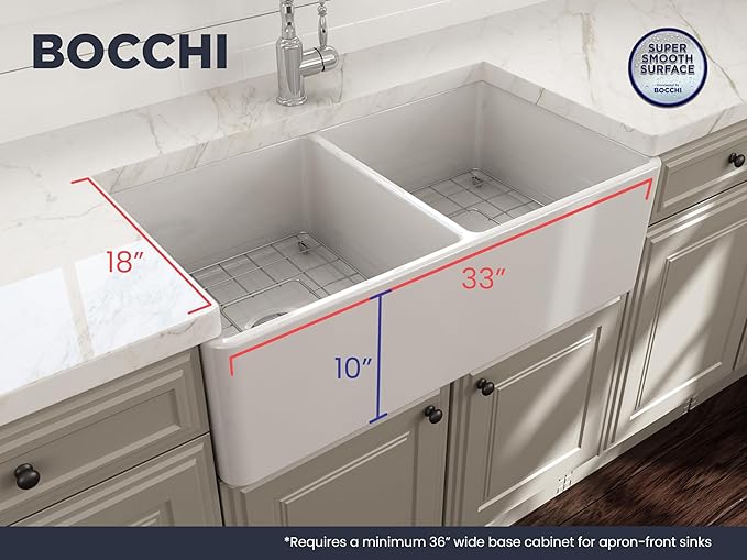 BOCCHI Classico Farmhouse Apron Front Fireclay 33 in. Double Bowl Kitchen Sink with Protective Bottom Grid and Strainer in White