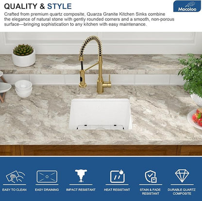 Mocoloo 18 Inch White Undermount Granite Composite Kitchen Bar Sink - 18 x 18 Matte White Ledge Workstation Kitchen Sinks, Composite Quartz Single Bowl Under Counter Bar Prep Rv Sink Basin