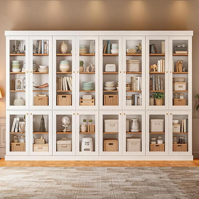 70.8" Farmhouse Kitchen Pantry Cabinet with Glass Doors, Modular Storage Cabinet with 6-Tier Adjustable Shelves, Large Storage Cabinet for Kitchen or Living Room, Set of 4, White