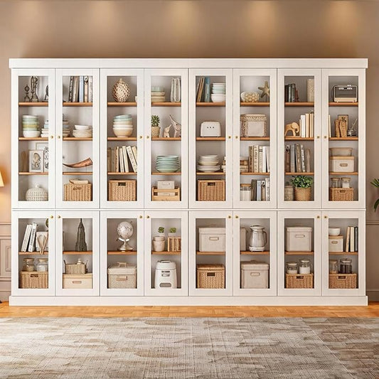 70.8" Farmhouse Kitchen Pantry Cabinet with Glass Doors, Modular Storage Cabinet with 6-Tier Adjustable Shelves, Large Storage Cabinet for Kitchen or Living Room, Set of 4, White