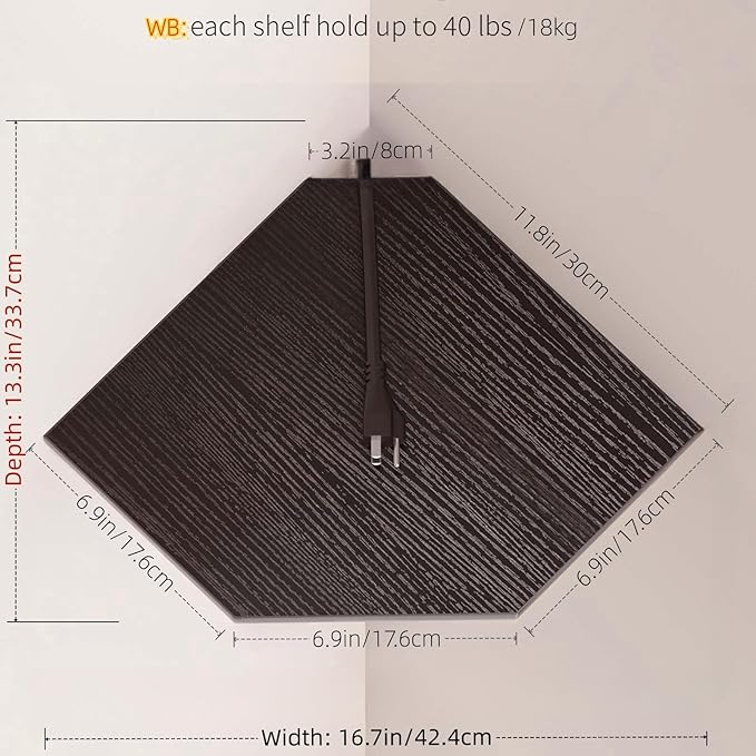 JJL Corner Shelves, 12 Inch Corner Shelf Wall Mounted with Wire Hole, 4 Tier 13.3 Inch Deep Wooden Corner Hanging Shelving for Wall Storage, for Speaker, Cable Box, Black