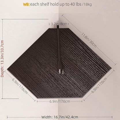 JJL Corner Shelves, 12 Inch Corner Shelf Wall Mounted with Wire Hole, 2 Tier 13.3 Inch Deep Wooden Corner Hanging Shelving for Wall Storage, for Speaker, Cable Box, Black
