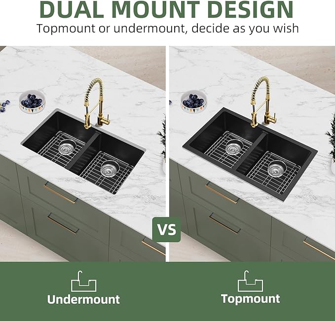 Davivy 30 Inch Black Double Bowl Granite Kitchen Sink 50/50, 30 x 18 Black Undermount Kitchen Sink, Deep Quartz Composite Double Basin with Accessories