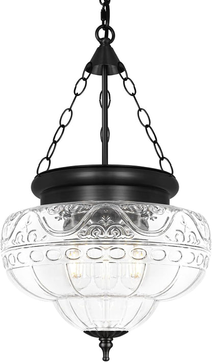 3-Light Matte Black Pendant Lights with 12In Floral Glass, Penant Lighting Fixtures with Adjustable Chain, Vintage Pendant Lights Kitchen Island, Hanging Light Fixtures for Dining Room, Entryway, E26