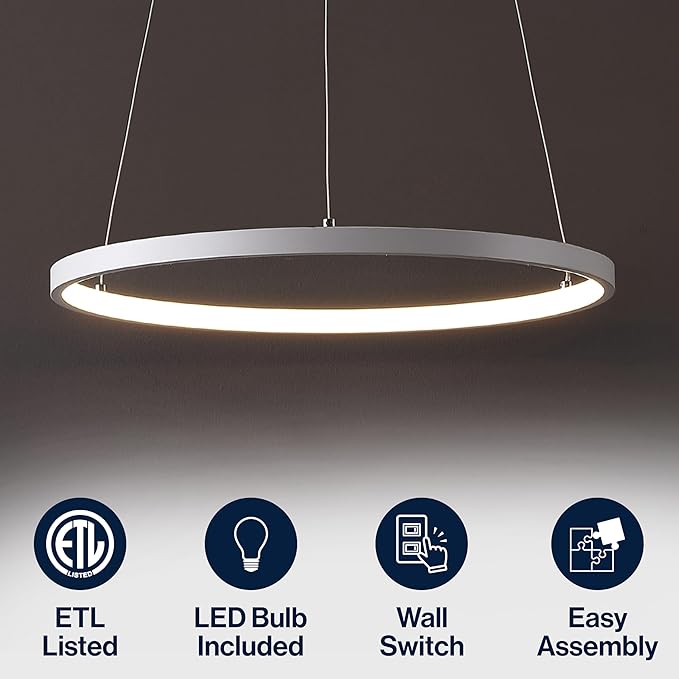 JONATHAN Y 15.75" Matte White Modern Integrated LED Pendant Light, Dimmable Round Hoop Chandelier for Kitchen Island, Dining Room, Adjustable Height Metal Hanging Light (JYL7202I)