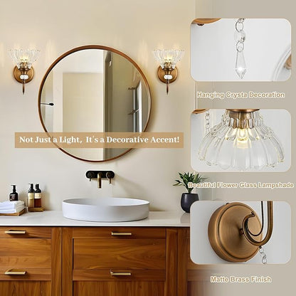 1 Piece Vintage Wall Sconce, 1-Light Matte Antique Brass Finish Wall Sconce with Hanging Crystal Accents and Flower-Shaped Clear Shades for Bathroom Bedroom Living Room,Vintage Vanity Light