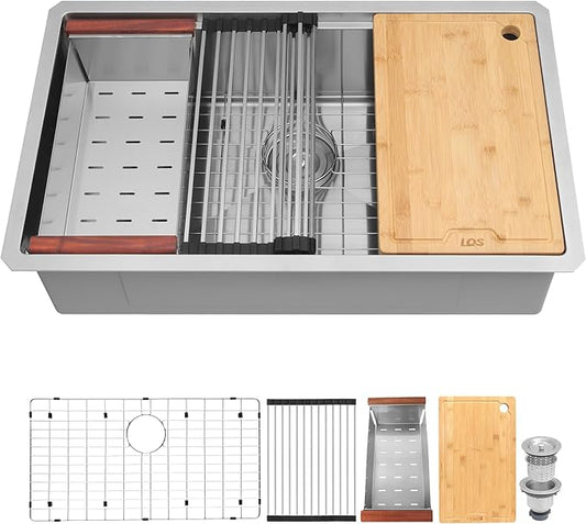 LQS 32 Inch Undermount Kitchen Sink, 32” x 19” Stainless Steel Kitchen Sink, Undermount Sinks, Handmade Deep Single Bowl Sinks with R10 Round Corner and Abundant Accessories