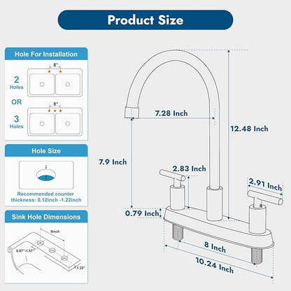 Kitchen Faucets, High Arc 360°Rotating Spout Kitchen Sink Faucet 2 Handle 8 Inch Centerset RV Kitchen Faucet with Supply Lines, 3 Hole Kitchen Faucet Without Side Sprayer, Polish Chrome