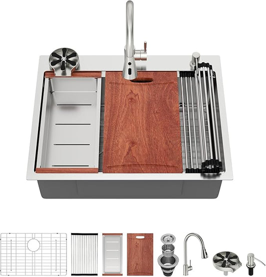 28x22 Drop In Kitchen Sink with Faucet Combo Workstation 16 Gauge Stainlee Steel Single Bowl Kitchen Sinks Large Deep Round Corner Handmade Overmount Topmount Sink Basin