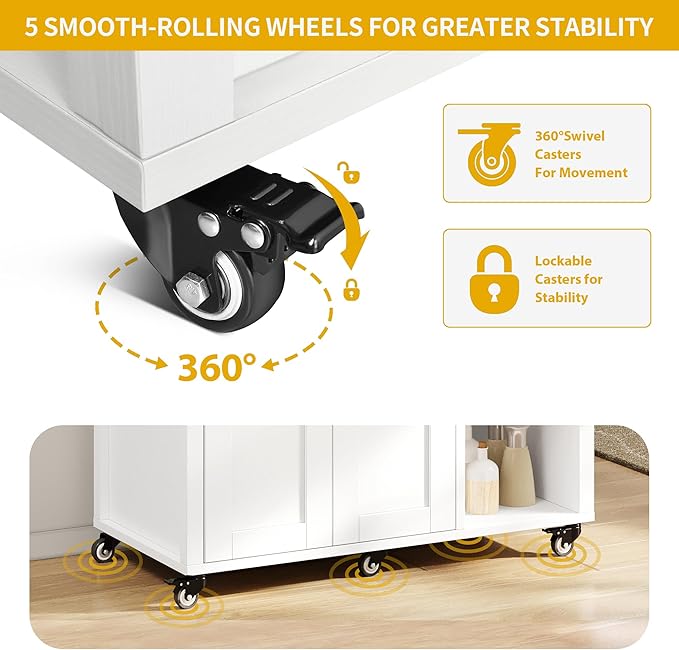 DWVO Rolling Kitchen Island Table on Wheels, Mobile Kitchen Cart with Storage, Butcher Block Island with Open Shelf, Drawer, Spice/Towel Rack, 37inch, White