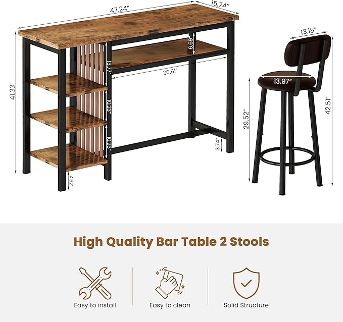 Recaceik 47" Bar Dining Table Set for 2, 3 Piece Bar Table and Chairs Set, Kitchen Counter Height Dining Table Set, Small Kitchen Bar Table with Storage & 2 Stools, Breakfast Nook Set for Small Space