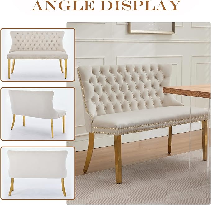 45.6in Upholstered Dining Bench, Mid-Century Modern Kitchen Room Bench with Tufted Back and Metal Legs, Velvet Small Sofa Couch Banch, Beige