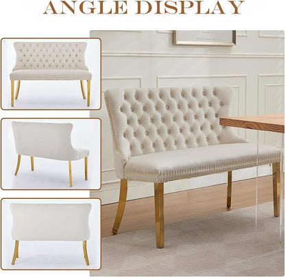 45.6in Upholstered Dining Bench, Mid-Century Modern Kitchen Room Bench with Tufted Back and Metal Legs, Velvet Small Sofa Couch Banch, Beige