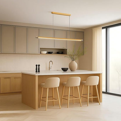 47" Wood Linear Pendant Light, Modern Wabi-Sabi Chandelier with Handcrafted Walnut & Brass, 3 Color Temperatures (3000K-6000K), Hanging Light Fixture for Dining Room, Kitchen, Bedroom