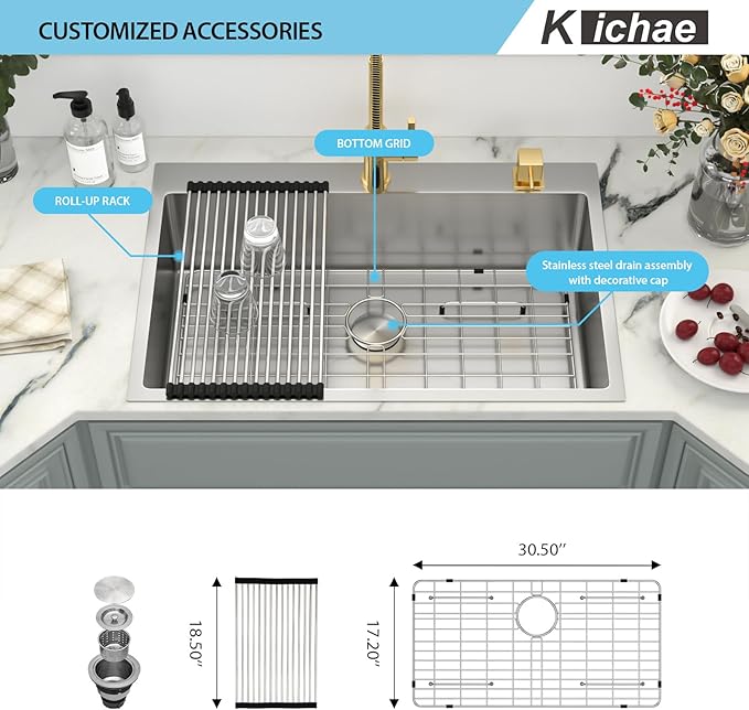 Kichae 33 Drop In Kitchen Sink - 33" x 22" Stainless Steel Sink 16 Gauge Drop in Topmount Single Bowl Drop Sinks Round Corner Basin