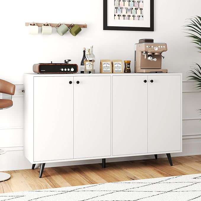 Giantex Sideboard Buffet Cabinet, 50’’ Accent Kitchen Storage Cabinet with 4-Door & 5-Position Adjustable Shelves, Modern White Sideboard with 5 Support Legs, Buffet Table for Coffee Bar, Living Room