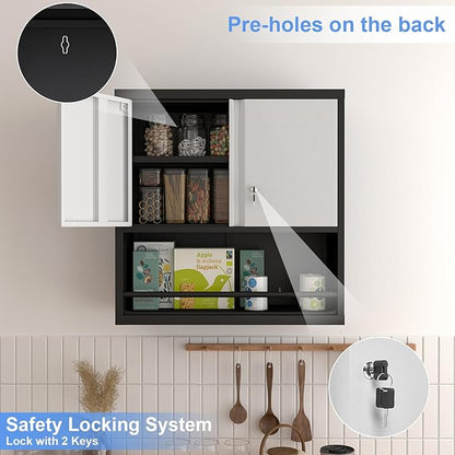 Locking Cabinet, Black Wall Storage Cabinet with Shelves, Hanging Cabinets with Open Storage, Small Wall Cabinet, Lockable Tool Cabinet for Basement, School, Office