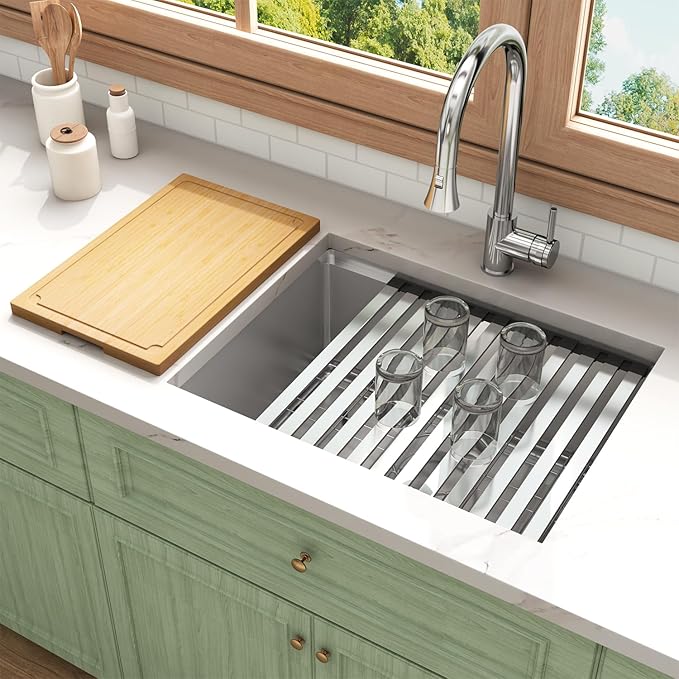 LQS 23 Inch Undermount Kitchen Sink, 16 Gauge Stainless Steel Undermount Kitchen Sink, 10" Smart Workstation Ledge With Abundant Accessories, R10 Corner and X-Shaped Drain Line
