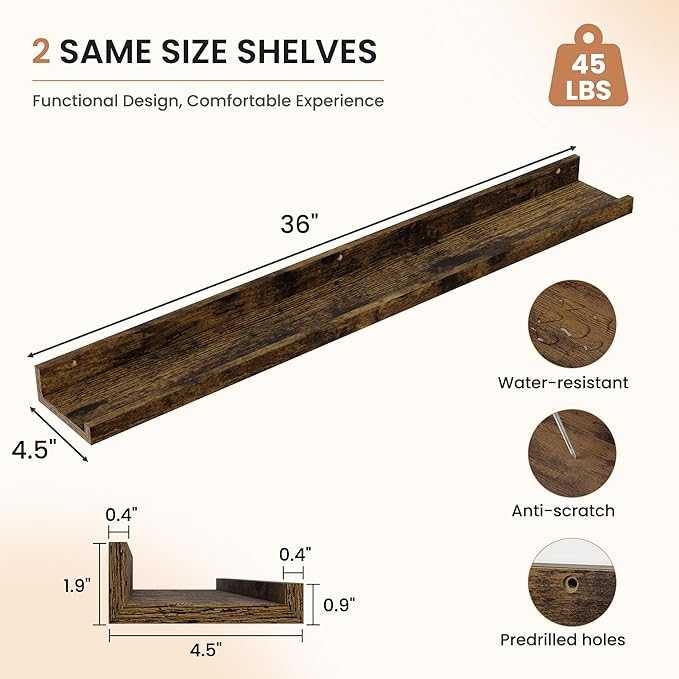 Dreamland Picture Ledge Shelf for Wall, Floating Shelves Set of 2,36 inch Long Floating Shelves with Lip for Living Room,Bedroom,Bathroom,Kitchen,Rustic Brown