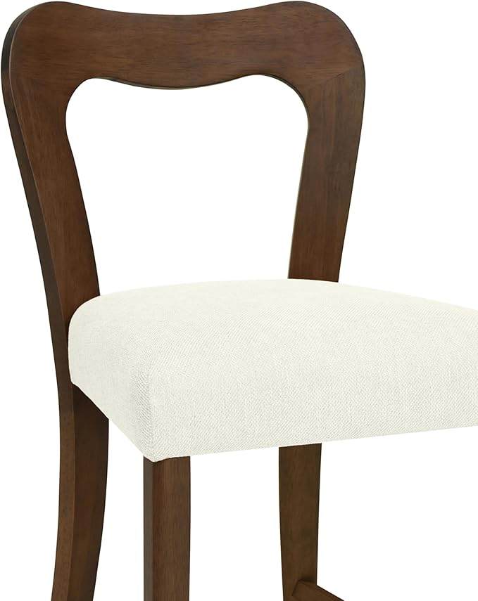 Counter Stools Without Arms Set of 2 (Walnut + Beige) - Solid Rubberwood Frame & Fabric Seat, Ergonomic Curved Back, 300LBS Capacity for Kitchen Island, Dining Room, Home Bar