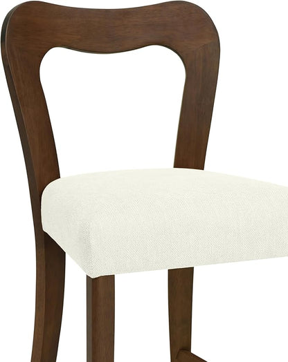 Counter Stools Without Arms Set of 2 (Walnut + Beige) - Solid Rubberwood Frame & Fabric Seat, Ergonomic Curved Back, 300LBS Capacity for Kitchen Island, Dining Room, Home Bar
