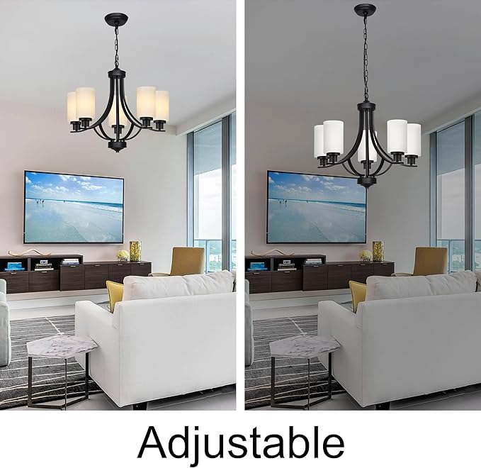 MELUCEE 5 Lights Chandeliers for Dining Room Traditional Chandelier Classic Black Pendant Light with Milky White Glass Shade, Mid Century Modern Chandelier for Kitchen Foyer Bedroom