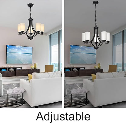 MELUCEE 5 Lights Chandeliers for Dining Room Traditional Chandelier Classic Black Pendant Light with Milky White Glass Shade, Mid Century Modern Chandelier for Kitchen Foyer Bedroom