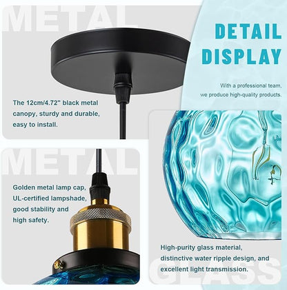 Blue Pendant Light Coastal Pendant Lighting Nautical Pendant Light with 7.8" Hammered Glass Globe 1-Light Chandelier Hanging Light Fixtures Ceiling Mount for Kitchen Island Bedroom Dining Room