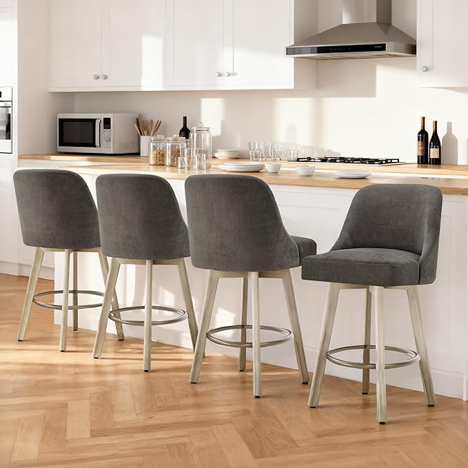 Counter Height Bar Stools Set of 4, Modern Swivel Barstools with Back and Wood Legs, Fabric Upholstered Bar Chairs, 26" Seat Height Counter Stools for Kitchen Island,Grey