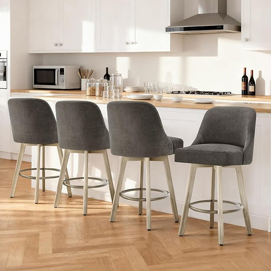 Counter Height Bar Stools Set of 4, Modern Swivel Barstools with Back and Wood Legs, Fabric Upholstered Bar Chairs, 26" Seat Height Counter Stools for Kitchen Island,Grey