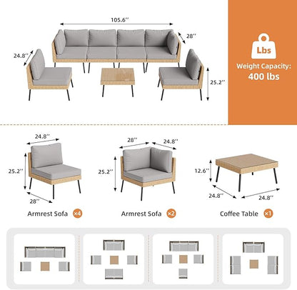Aoxun 7-Piece Patio Furniture Set, Wicker Outdoor Furniture with Water Resistant Thick Cushions, Patio Conversation Set Outdoor Sectional Sofa with Coffee Table for Backyard Poolside, Light Grey