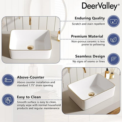 DeerValley Liberty 16x12 Inch Rectangular Vessel Sink, White Ceramic Basin with Gold Band, Above Counter Bathroom Sink, DV-1V0366