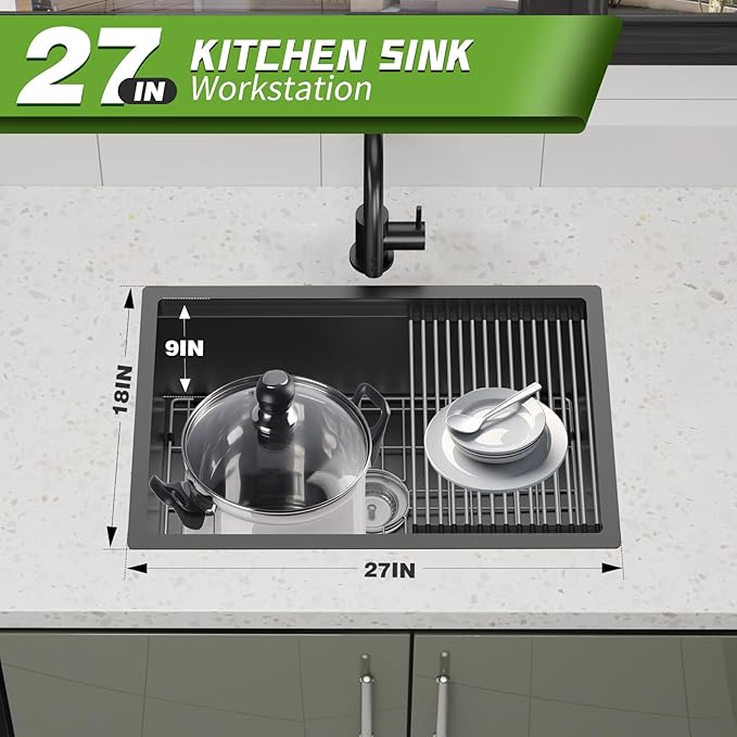 Black Kitchen Sink Workstation, 27x18 In Stainless Steel Drop In Kitchen Sink Modern Undermount Single Bowl Kitchen Sink Accessory Combo-SS Grid,Drying Rack,Cutting Board,Sink Clip,Drain Strainer Set