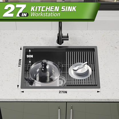 Black Kitchen Sink Workstation, 27x18 In Stainless Steel Drop In Kitchen Sink Modern Undermount Single Bowl Kitchen Sink Accessory Combo-SS Grid,Drying Rack,Cutting Board,Sink Clip,Drain Strainer Set