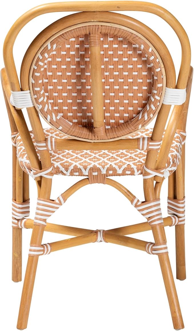 Bali & pari Mattie Rattan Bistro Chair - Handwoven Cafe-Style Dining Chair with Curved Arms for Kitchen Island or Indoor/Outdoor Lounge, Honey Natural & White