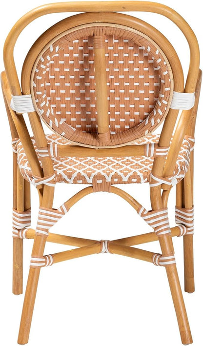 Bali & pari Mattie Rattan Bistro Chair - Handwoven Cafe-Style Dining Chair with Curved Arms for Kitchen Island or Indoor/Outdoor Lounge, Honey Natural & White
