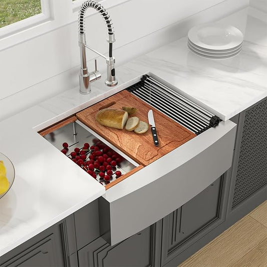 Lordear Farmhouse Sink 27 Inch Stainless Steel Farmhouse Kitchen Snk Apron Front Ledge Workstation 16 Gauge Stainless Steel Deep Single Bowl Kitchen Sinks