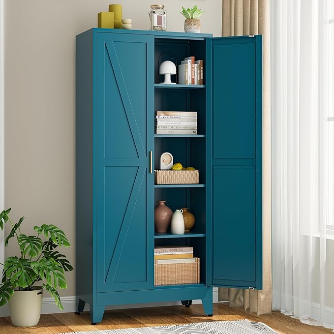 Bevivog 71" Tall Storage Cabinets, Farmhouse Metal Cabinet Bookshelf with 2 Doors and 4 Adjustable Shelves, Blue Kitchen Pantry Cabinets for Kitchen Living Room, Home Office, Laundry, Bathroom