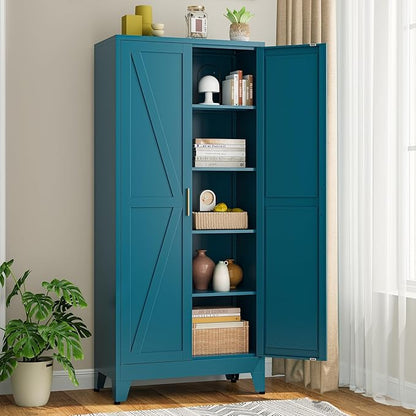Bevivog 71" Tall Storage Cabinets, Farmhouse Metal Cabinet Bookshelf with 2 Doors and 4 Adjustable Shelves, Blue Kitchen Pantry Cabinets for Kitchen Living Room, Home Office, Laundry, Bathroom