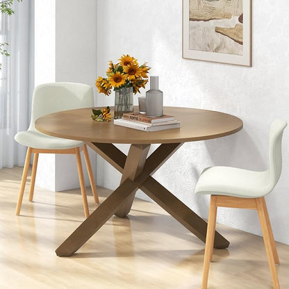 Giantex 47" Round Dining Table with Intersecting Acacia Wood Legs, Adjustable Foot Pads, 500Lbs Capacity, Mid Century Kitchen Table for 4-6 Person Dinner, Dinette, Dining Room, Restaurant
