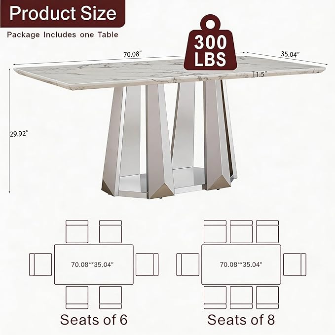 70" Marble Dining Table for 6-8, Modern Luxury Silver Rectangular Large Kitchen Table, Marble Grain MDF Tabletop & Stainless Steel Base, Dinner Furniture for Kitchen Dining Room, Meeting Room, White