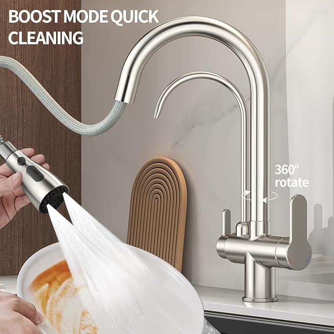 Kitchen Sink Faucet with Pull - Down Sprayer, 2 - Handle 3 - in - 1 Kitchen Sink Filter Faucet, Cold and Hot Mixer Drinking Water Faucet (3-in-1 Filter Faucet, Brushed Nickel-1)